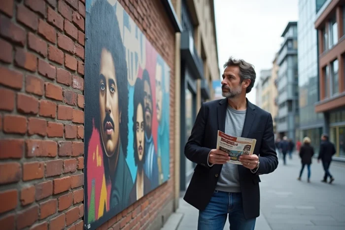 Homme découvrant un mural de street art dans le quartier de la Confluence à Lyon, symbole de la culture urbaine lyonnaise