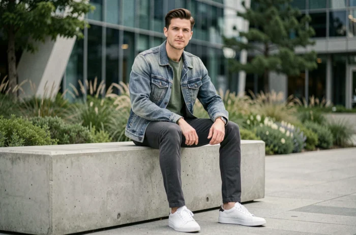 Homme jeune en veste en denim et pull vert sauge assis sur un banc moderne en béton, style mode urbain décontracté