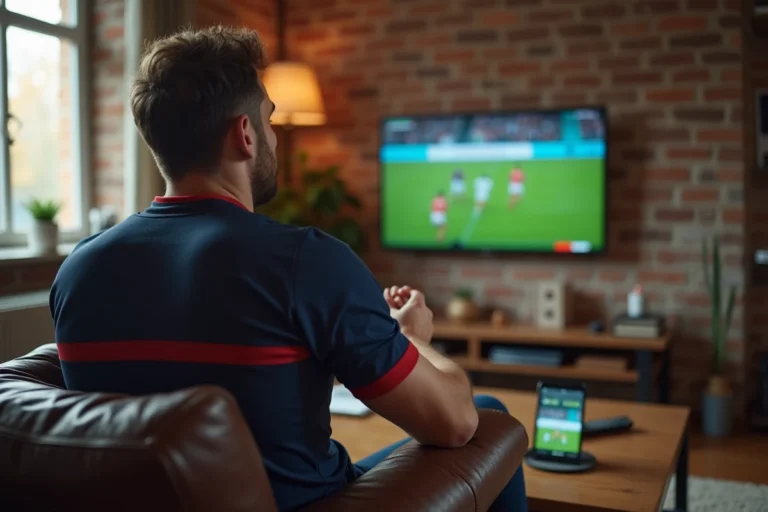 Supporter de rugby regardant le Top 14 en streaming sur sa télévision depuis son salon