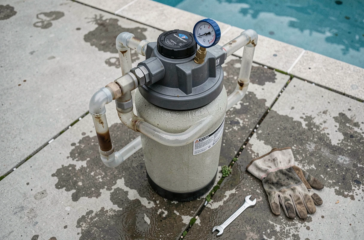 Système de filtration de piscine avec filtre à sable et jauge de pression en surcharge, vue en plongée