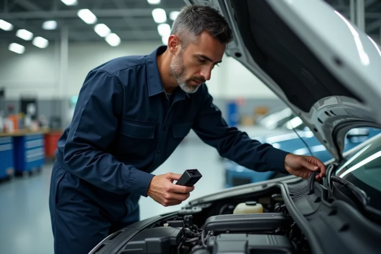Technicien automobile connectant un scanner OBD-II sur une Volkswagen Polo 5 dans un atelier de réparation