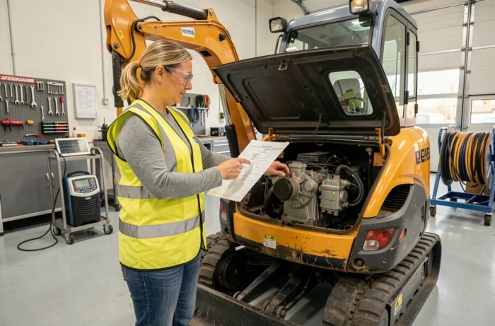 Technicienne consultant un schéma hydraulique pour régler la pression d'une mini pelle dans un garage de réparation