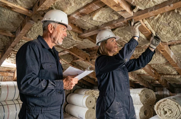 Deux techniciens en tenue de travail inspectant l'isolation thermique en laine minérale dans les combles d'une maison ancienne