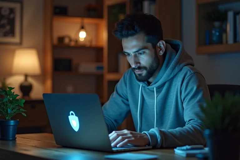 Homme utilisant un VPN sur son ordinateur portable pour télécharger des torrents en toute sécurité depuis son bureau à domicile