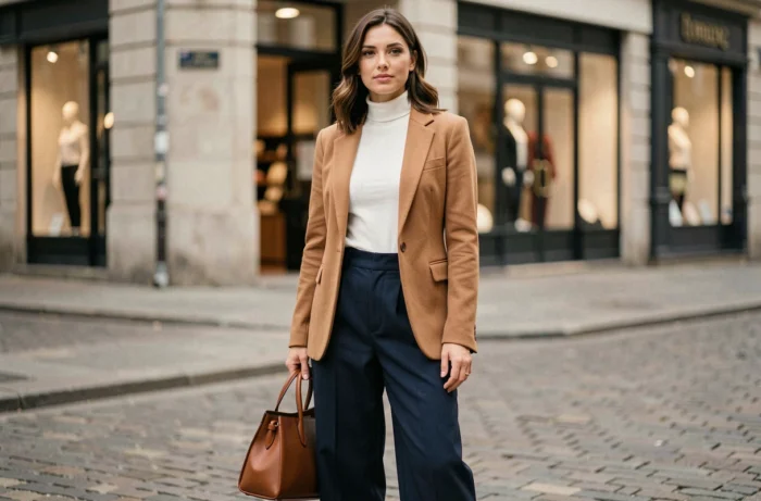Femme élégante portant un blazer camel et un pantalon large marine dans une rue pavée européenne, tendances mode automne-hiver