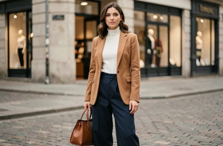 Femme élégante portant un blazer camel et un pantalon large marine dans une rue pavée européenne, tendances mode automne-hiver