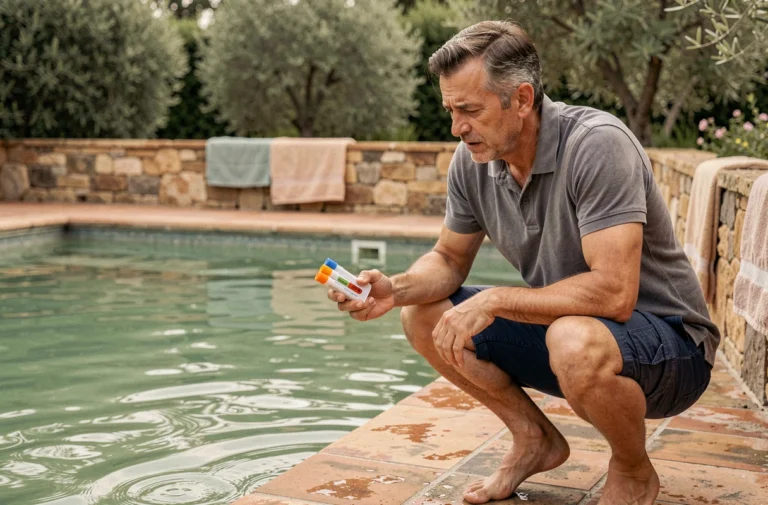 Homme testant la qualité de l'eau trouble d'une piscine résidentielle avec un kit d'analyse colorimétrique
