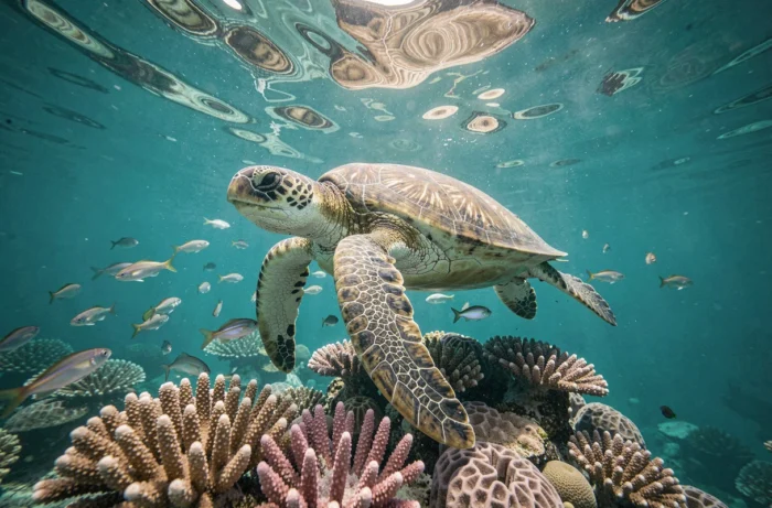 Tortue de mer nageant au-dessus d'un récif corallien tropical, photographie sous-marine réaliste et colorée