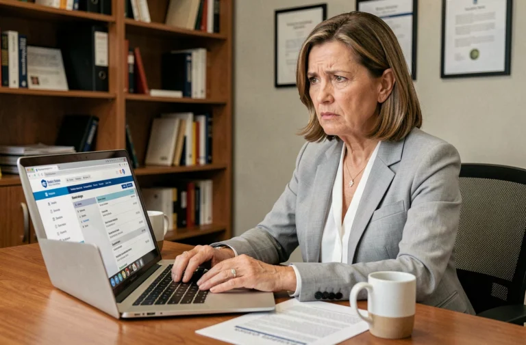 Femme vérifiant la fermeture définitive d'une entreprise sur un registre officiel en ligne depuis son bureau