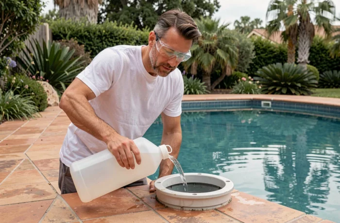 Homme versant de la javel dans le skimmer d'une piscine résidentielle en respectant le dosage recommandé