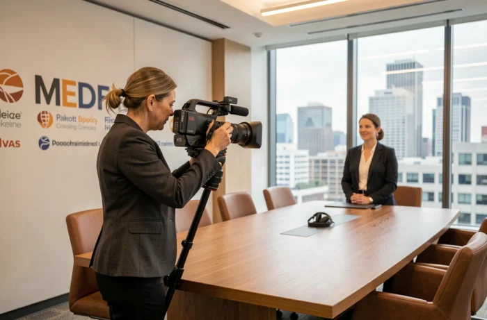Vidéaste professionnelle filmant un porte-parole pour un film d'entreprise en salle de réunion