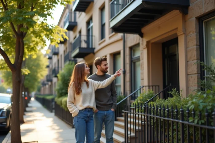 Couple visitant un immeuble résidentiel lors d'une recherche de location appartement en ville