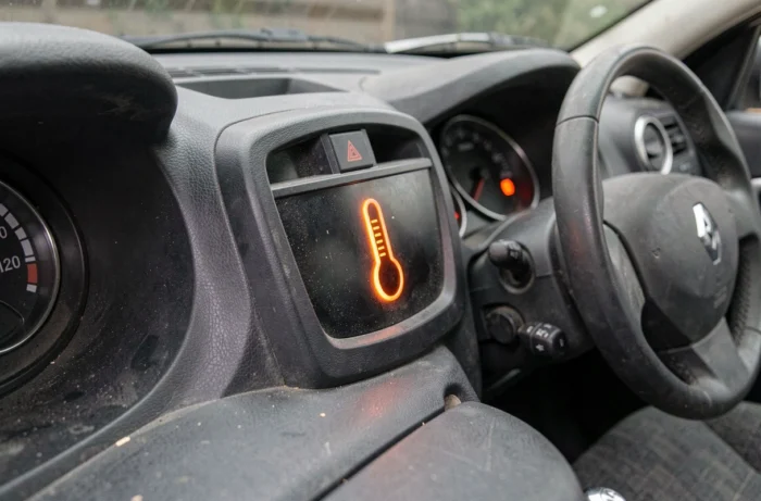 Voyant goutte bassine allumé sur le tableau de bord d'une Renault Clio 3 indiquant un problème de liquide de refroidissement